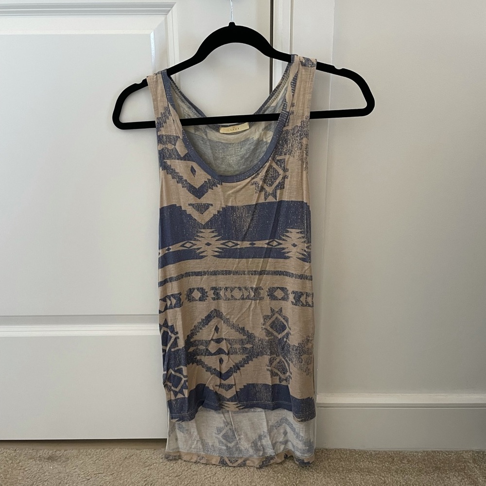 Lush Tribal Pattern Tan Bluish Grey Long Muscle Tank